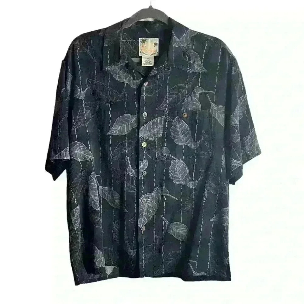 Banana Cabana Hawaiian Mens Size Large Black Floral Silk Button Up Trave…